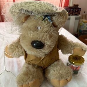 Plush Bear with Hat and Vest Butterfly Collector Bees Vintage